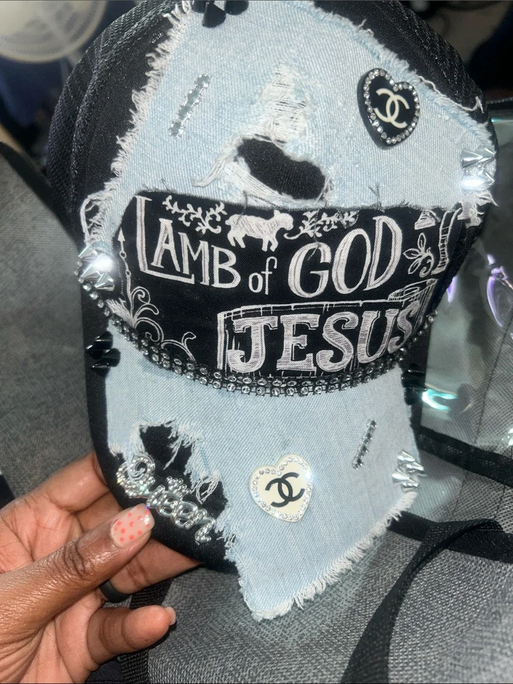 Lamb of God Jesus Denim Patch Baseball Cap - Light Blue & Black